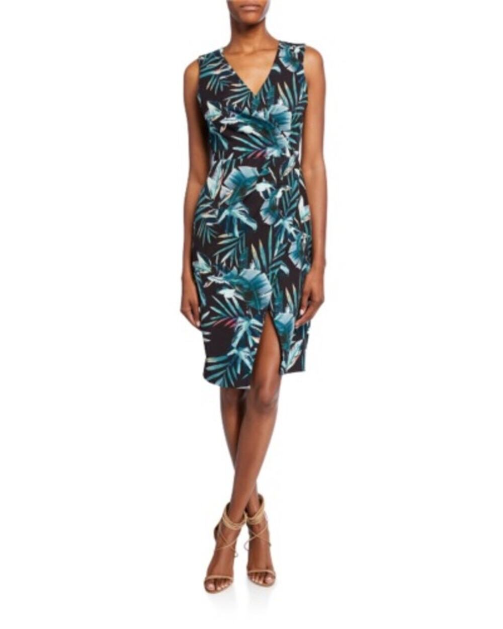 Black Halo Nora Tropical Leaf Print Black Sleeveless Faux Wrap Dress Size 8